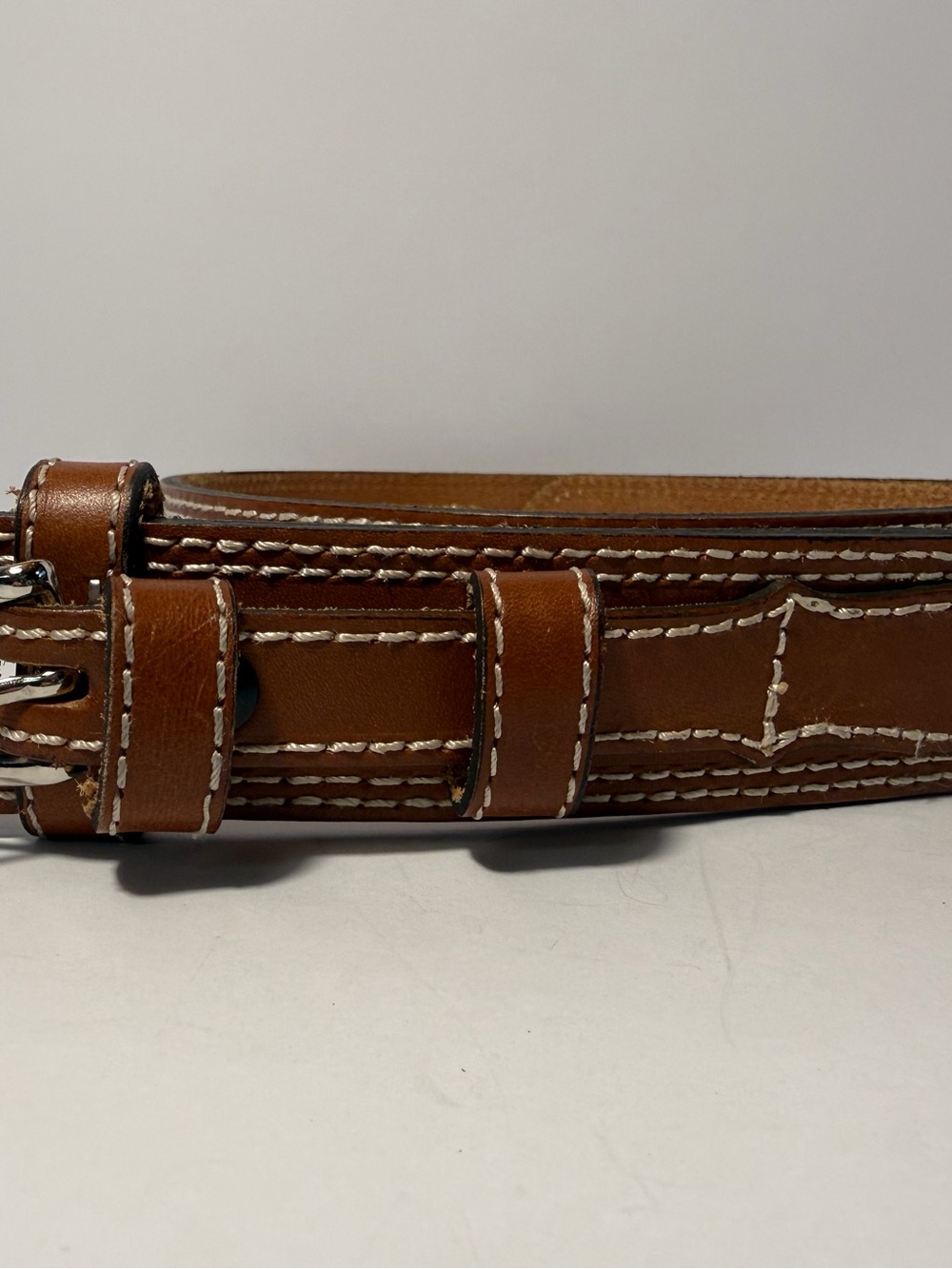 🐴 VTG STAG Belts 126 Cognac Leather White Contrast Stitch Belt 40 USA 🐴